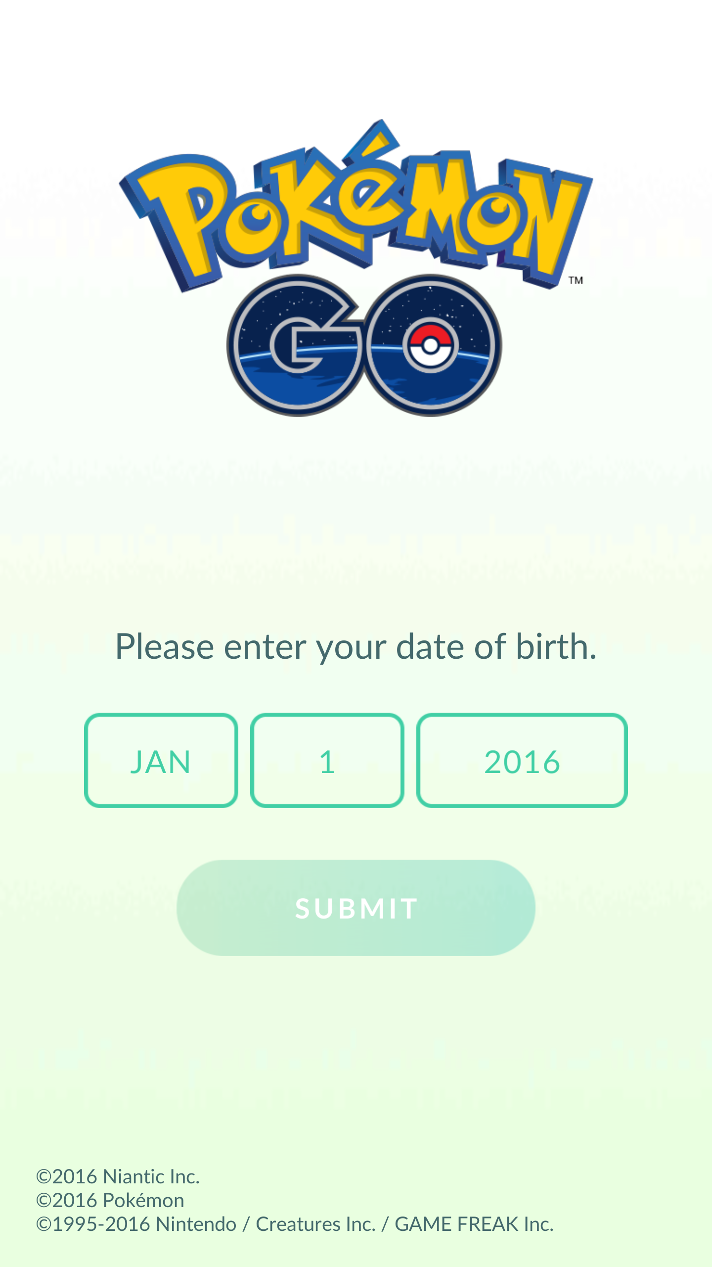 Pokemon GO sign up screen