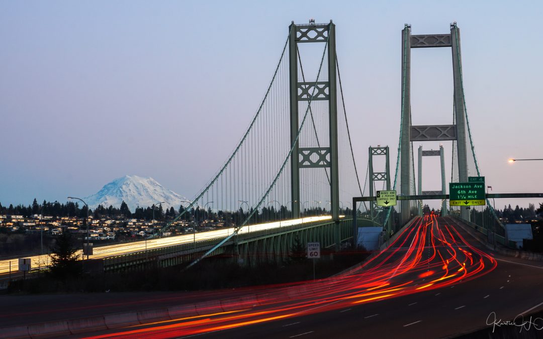 Mount Rainier and Tacoma Narrows Bridge Sunset