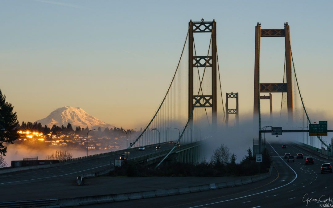Sunset on Mt. Rainier and the Tacoma Narrows Bridge