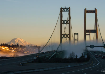 Sunset on Mt. Rainier and the Tacoma Narrows Bridge